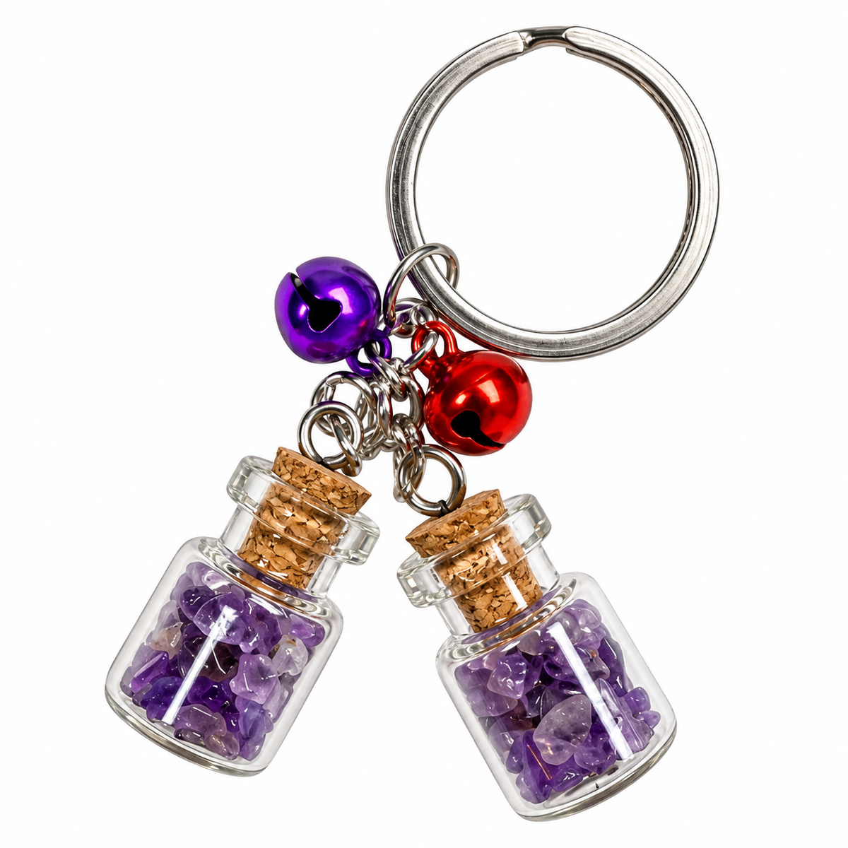 Edelsteen Sleutelhanger – Mini Flesjes met Amethist & Belletjes